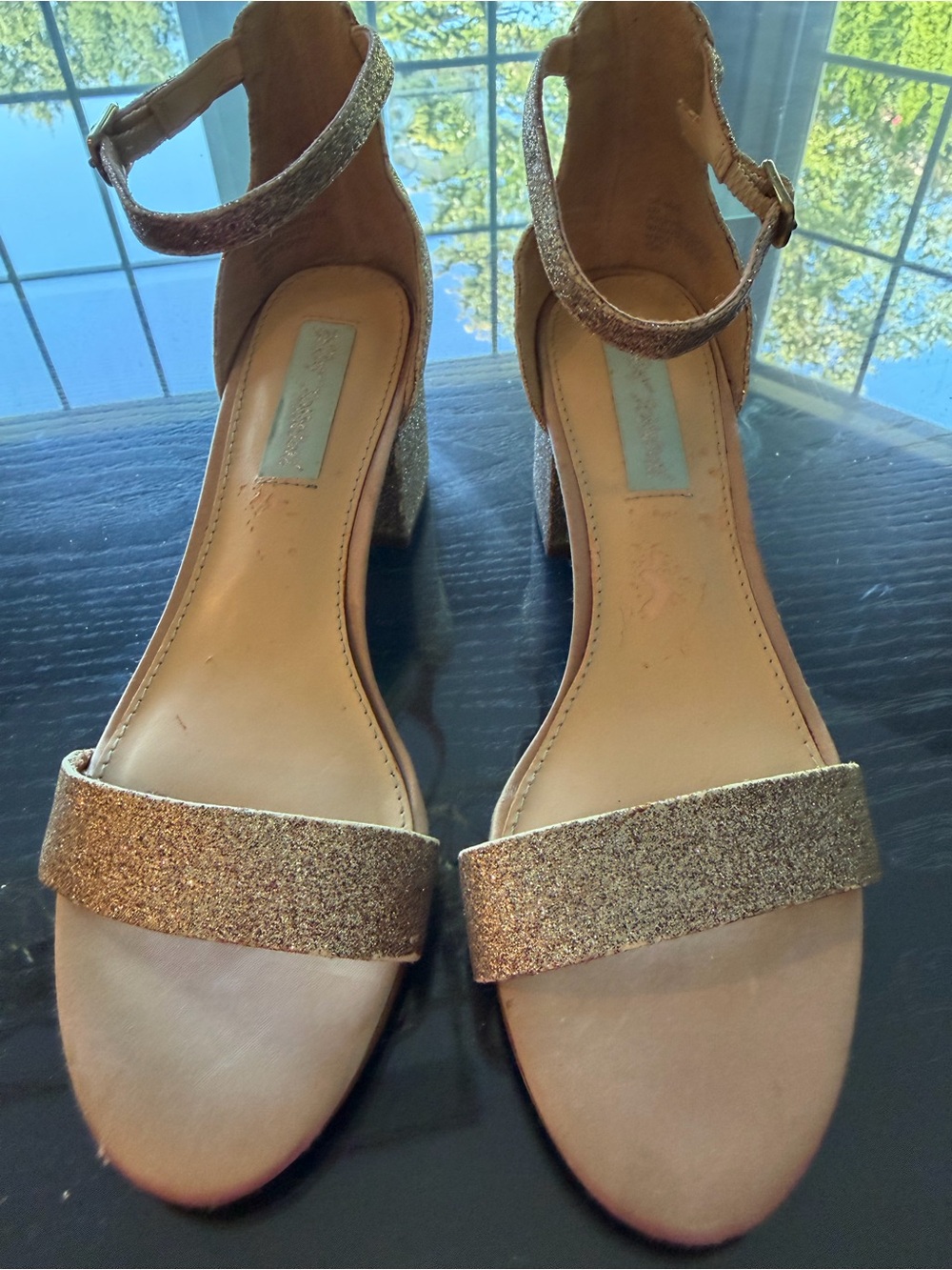 Betsey Johnson Rose Gold Glitter Block Heel Sandals worn once.